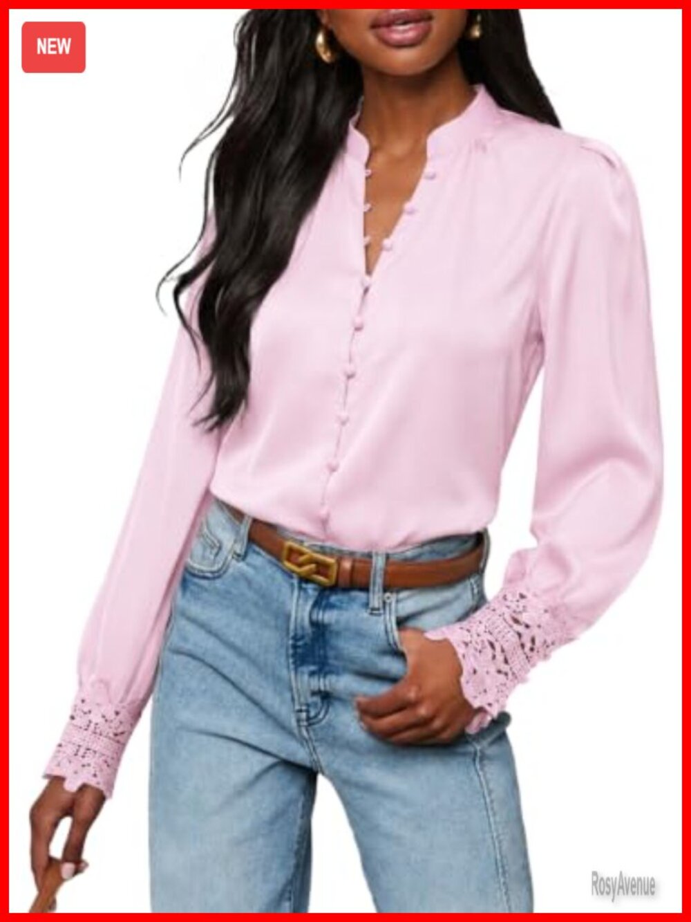 Women's Satin Silk Button Down Blouse Lace Cuff Business Casual Top